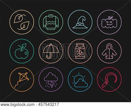 Set Line Sickle, Raincoat, Witch Hat, Umbrella, Apple, Leaf, Jam Jar And Sweater Icon. Vector