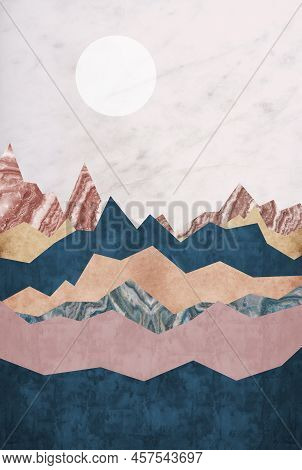 Mountain Background. Minimal Landscape Art With Marble Texture And Golden Line Art Texture. Abstract