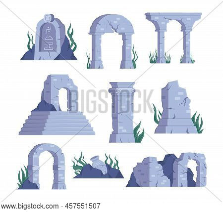 Ancient Ruins Of Atlantis Vector Illustrations Set. Stone Buildings Or Monuments Of Lost City Underw