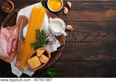 Ingredients For Pasta Carbonara. Traidtional Italian Pasta Carbonara Ingredients Bacon, Spaghetti, P