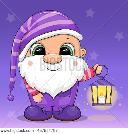 Cute Cartoon Gnome With A Lantern. Night Vector Illustration With Lilac Background.