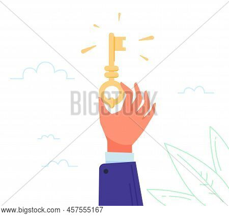 Golden Key In Hand. Hands Holding Gold Secret Keys From Lock Door Residential Property, Success Unlo