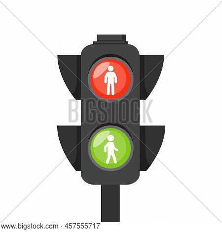 Pedestrian Traffic Lights Red And Green Isolated On White Background. Vector Stock