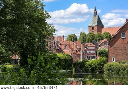 Old Town With Typical Red Brick Buildings And St. Nikolai Church Of The Medieval Small City Moelln I