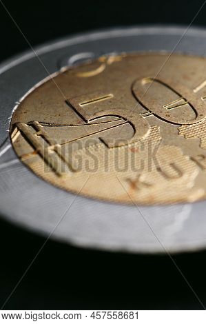 Translation: 50 Kurus. Turkish Coin Of 50 Kuruş Lies On A Dark Surface Close Up. National Currency O