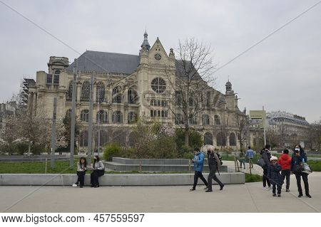 Paris, France - March 4, 2022: South Facade View Of Saint Eustace Church Of From Garden At The First