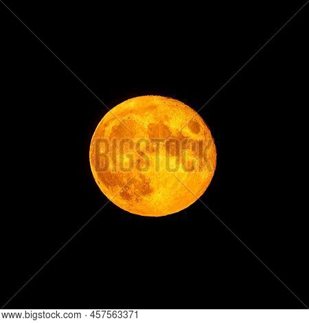 Bright Orange And Red Fool Moon Over The Sea. Red Full Moon In Red Color Also Called Bloodmoon