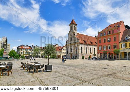 Ludwigsburg, Germany - July 2022: Market Square With Outdoor Restaurant Tables And Church 'zur Heili