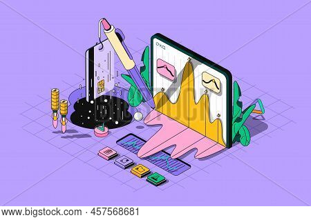 Stock Market Concept 3d Isometric Outline Web Design. Trading On Stock Exchange, Analysis Of Financi
