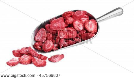Scoop With Freeze Dried Strawberries On White Background