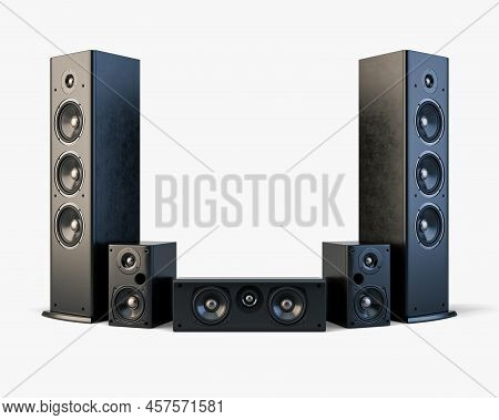 A Modern Surround Sound Speaker Arrangment On A Light Studio Background - 3d Render