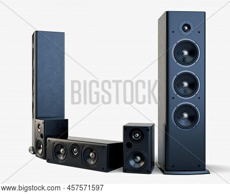 A Modern Surround Sound Speaker Arrangment On A Light Studio Background - 3d Render