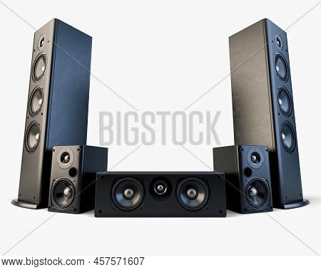 A Modern Surround Sound Speaker Arrangment On A Light Studio Background - 3d Render