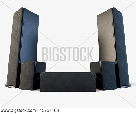 A Modern Surround Sound Speaker Arrangment On A Light Studio Background - 3d Render