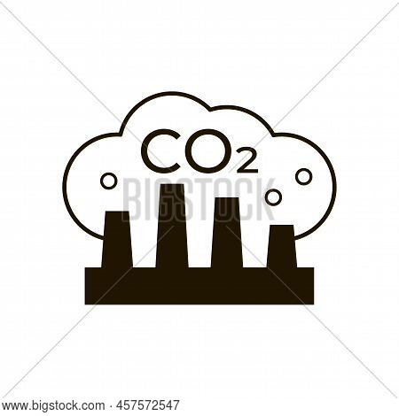 Co2 Emission Icon, Carbon From Factory. Factory Silhouette With Chimney Pollution Dioxide Cloud Smok