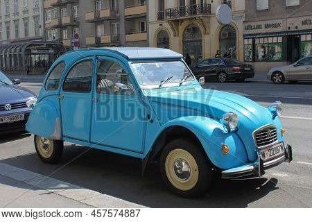 Vienna, Austria - 18 April 2012: Classic Citroen Car Parked On A Scenic Street. Blue Retro Convertib