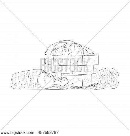 Beautiful Illustration Of The Basket Full Of Fruits In Line Art Mode, Apple Basket   Black Line