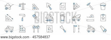 Construction And Building Doodle Icons. Wheelbarrow With Sand, Crane, Brick Wall, Trowel, Palette An