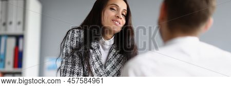 Portrait Of Beautiful Woman In Presentable Suit Talking To Male Worker On Her Office. Female Boss Fl
