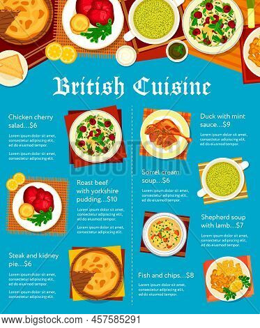 British Cuisine Menu Cover. Sorrel Cream Soup, Fish And Chips And Chicken Cherry Salad, Shepherd Sou