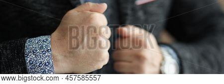 Close-up Of Business Man Touching His Stylish Jacket And Feel Confident In Himself. Person Prepare F