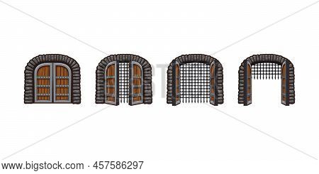 Cartoon Medieval Castle Gates Opening Animation For Game. Palace Door Sprite Sheet Motion. Fortress 