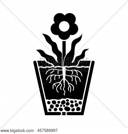 Section Of Flower Pot With Bloomy House Plant. Pot Filled With Soil And Pebbles. Vector Illustration