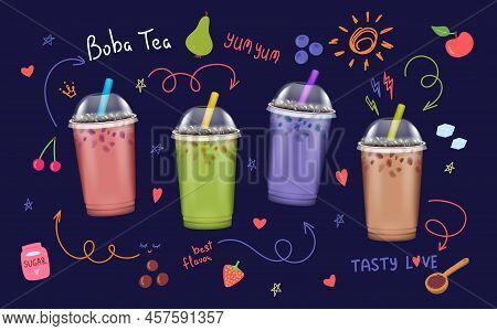 Realistic Detailed 3d Bubble Milk Tea Set Summer Asian Drink. Vector Illustration Of Boba Milk Tea