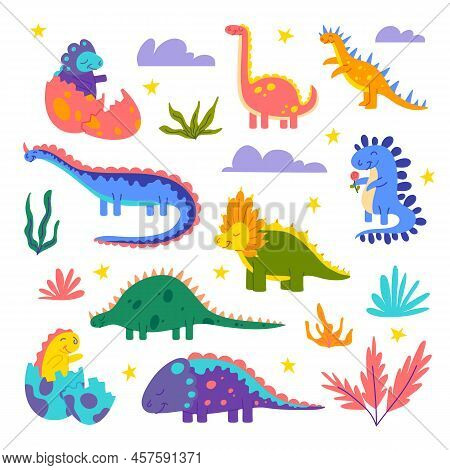 Cartoon Color Characters Cute Dinosaurus Icons Set Flat Design Style Jurassic Animal. Vector Illustr