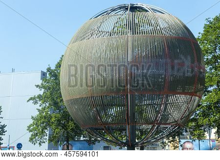 Leverkusen, Germany - April 28, 2022: Globe At Ludwig Erhard Square In Leverkusen. The Globe Is Equi