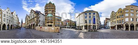 Muenster, Germany - April 30, 2022: Scenic View To Facade Of Old Historic Houses In Panoramic View A