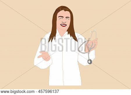 Female Medicine Worker, Doctor Vector Illustration. Hand Drawn Card With Medic With Speech Bubble. H