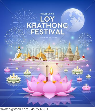 Loy Krathong Festival, Chao Phraya River Holy Place In Thailand Background, Vector Illustration