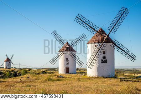 Mota Del Cuervo,spain - May 27,2022 - View At The Windmills In Area Of Mota Del Cuervo. Mota Del Cue