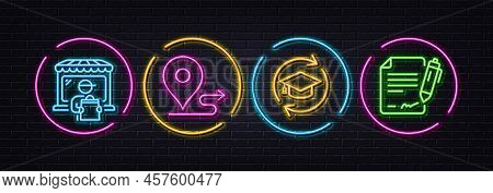 Delivery Market, Journey And Continuing Education Minimal Line Icons. Neon Laser 3d Lights. Signing 