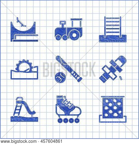 Set Baseball Bat With Ball, Roller Skate, Climbing Wall, Hopscotch, Kid Slide, Ferris Wheel, Swedish