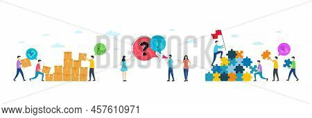 Accepted Payment, Receive Money And Volunteer Minimal Line Icons. People Characters With Puzzle, Del