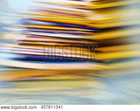 Abstract Blurred Empty Library Interior Space. Blurry Bookshelves Defocused Effect.