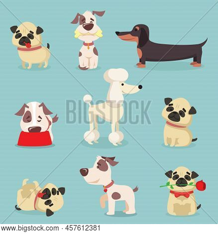 Vector Illustration Set Of Cute And Funny Cartoon Little Dogs-pupies.