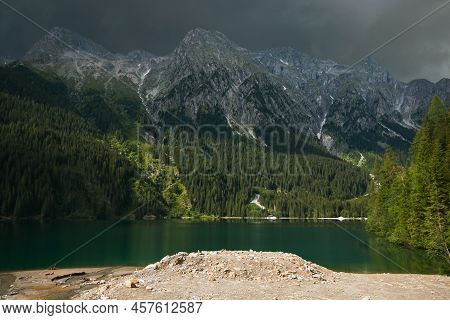 Dark Sky Over Anterselva Lake In South Tyrol, Italy