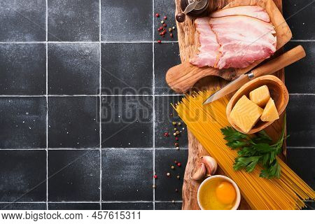Ingredients For Pasta Carbonara. Traidtional Italian Pasta Carbonara Ingredients Bacon, Spaghetti, P