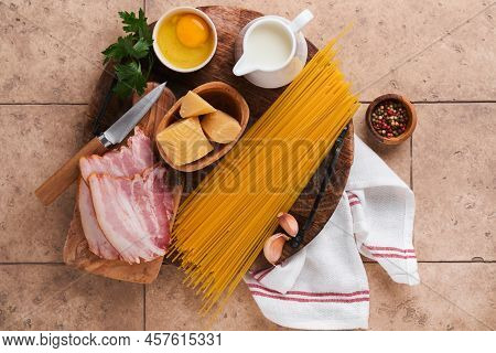 Ingredients For Pasta Carbonara. Traidtional Italian Pasta Carbonara Ingredients Bacon, Spaghetti, P