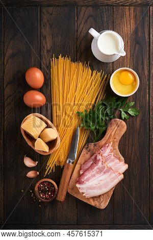 Ingredients For Pasta Carbonara. Traidtional Italian Pasta Carbonara Ingredients Bacon, Spaghetti, P