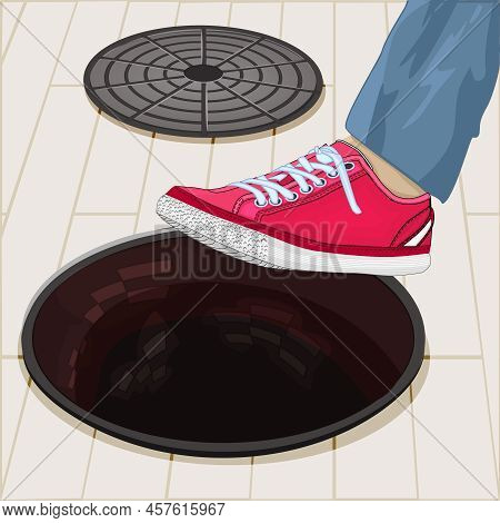 Human Leg On Open Manhole. Man Step In City Sewer Hole. Business Risks, Accident, Pedestrian Safety 