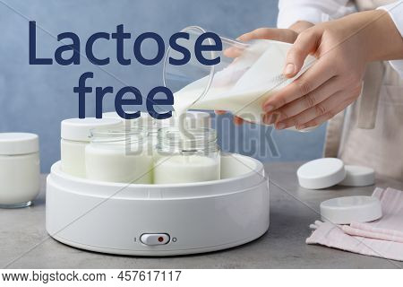 Woman Making Lactose Free Yogurt At Grey Table, Closeup