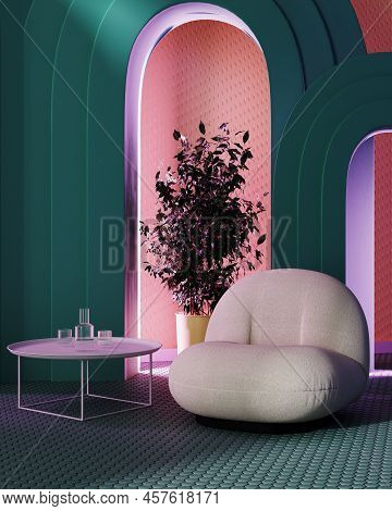 Room With Contemporary Design With Colorful Arhces With Cove Neon Lighting, Armchairs With Coffee Ta