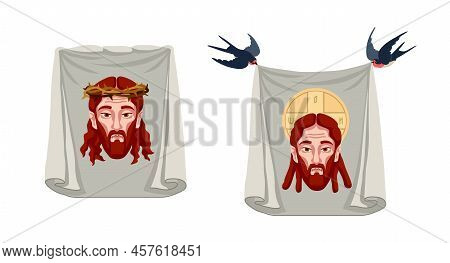 Veil Of Veronica. Holy Face Jesus Christ On A Towel. Vector Illustration Isolated On A White Backgro