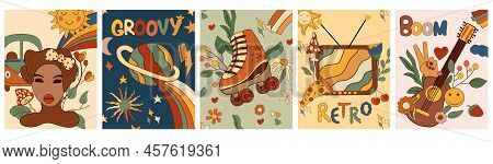70s Groovy Posters With Planets And Star, Roller Skate, Retro Girl, Flowers, Old Guitar And Other. P