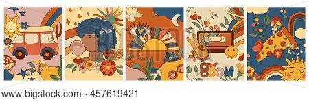 70s Groovy Posters With Retro Bus, Groovy Sun, Colorful Rainbow, Girl, Flowers And Leaves. Psychedel