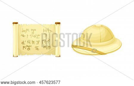Antique Papyrus Scroll And Hat Of Archaeologist. Objects Of Archaeology Vector Illustration